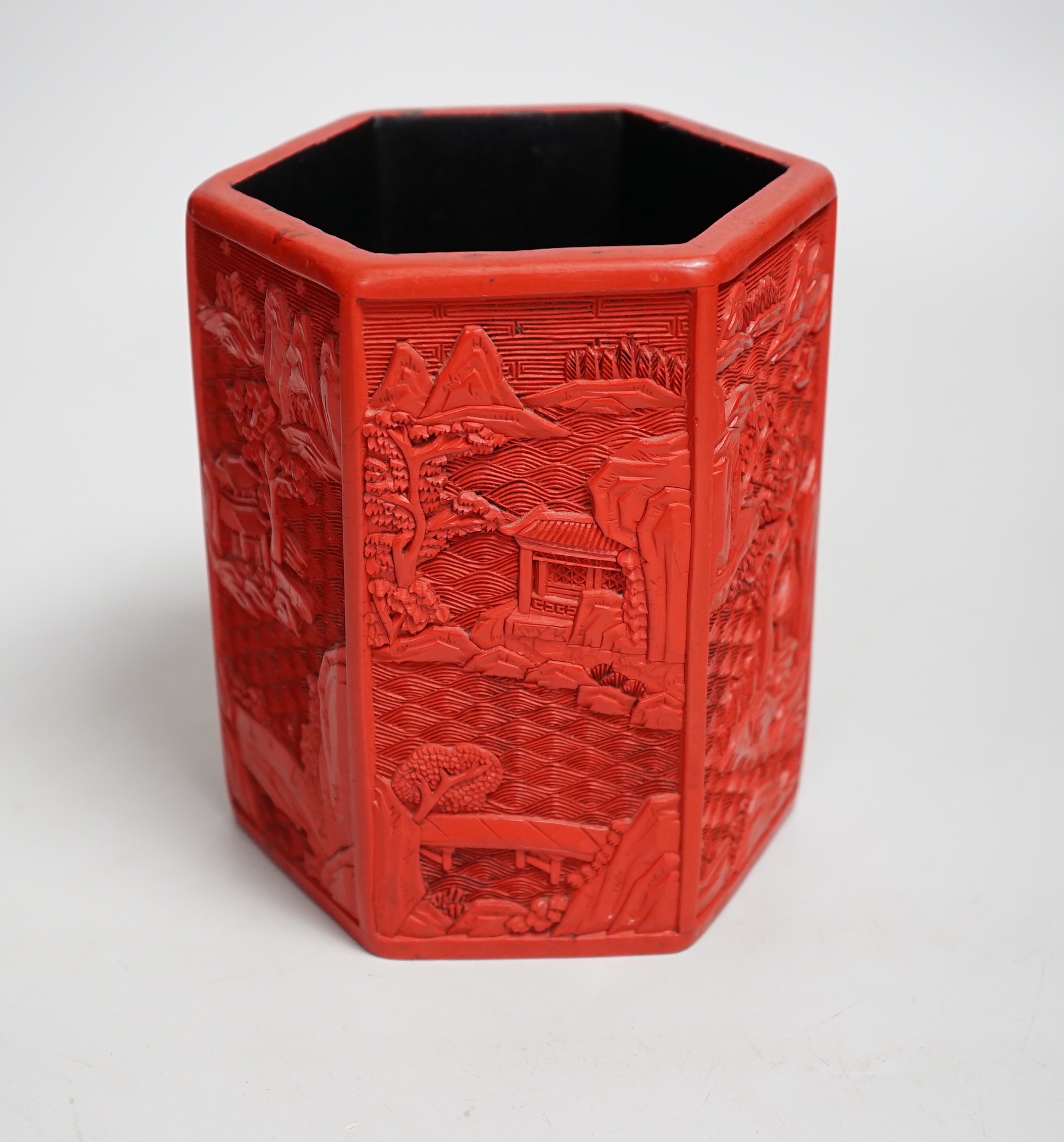 A Chinese cinnabar lacquer hexagonal brushpot, 14.5cm high